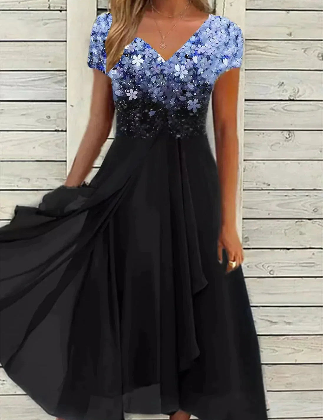 Womens Dress - Elegant Midi Cocktail Dress with Floral Top & Airy Skirt - Perfect for Wedding Guest & Formal Events 0