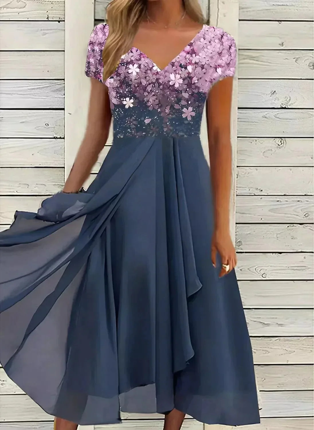 Womens Dress - Elegant Midi Cocktail Dress with Floral Top & Airy Skirt - Perfect for Wedding Guest & Formal Events 3