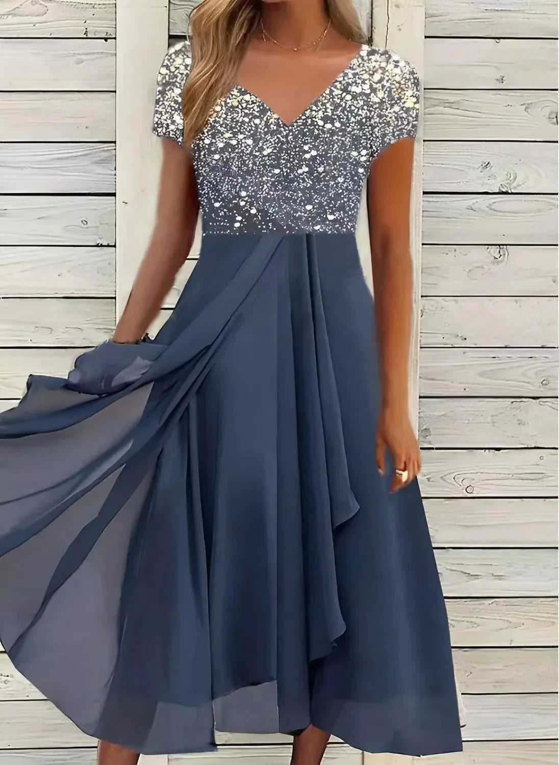 Womens Dress - Elegant Midi Cocktail Dress with Floral Top & Airy Skirt - Perfect for Wedding Guest & Formal Events 4