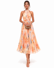 Womens Dress - Elegant Summer Maxi Dress with Watercolor Print & Halter Neck Tie 0