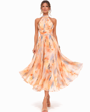 Womens Dress - Elegant Summer Maxi Dress with Watercolor Print & Halter Neck Tie 1