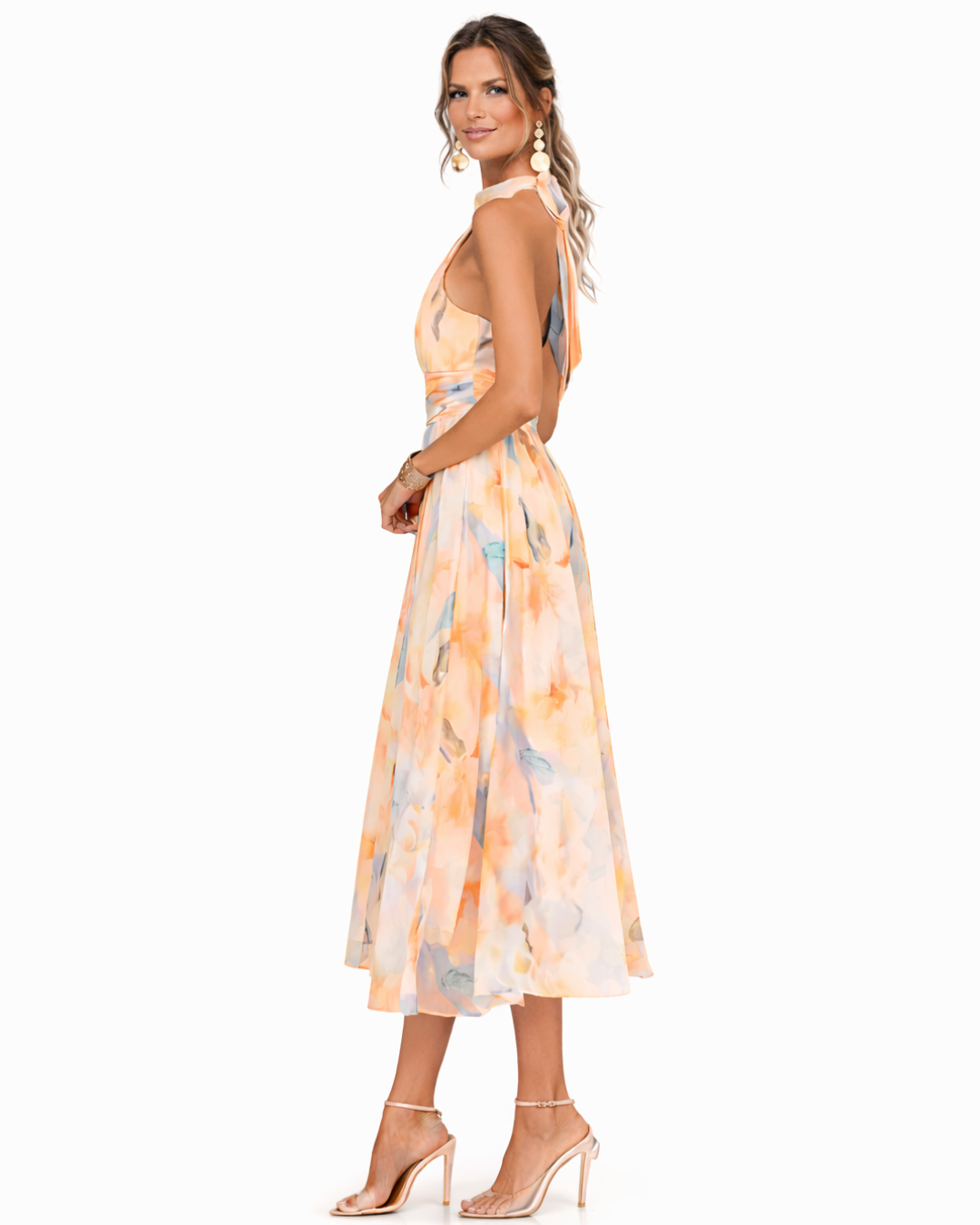 Womens Dress - Elegant Summer Maxi Dress with Watercolor Print & Halter Neck Tie 2