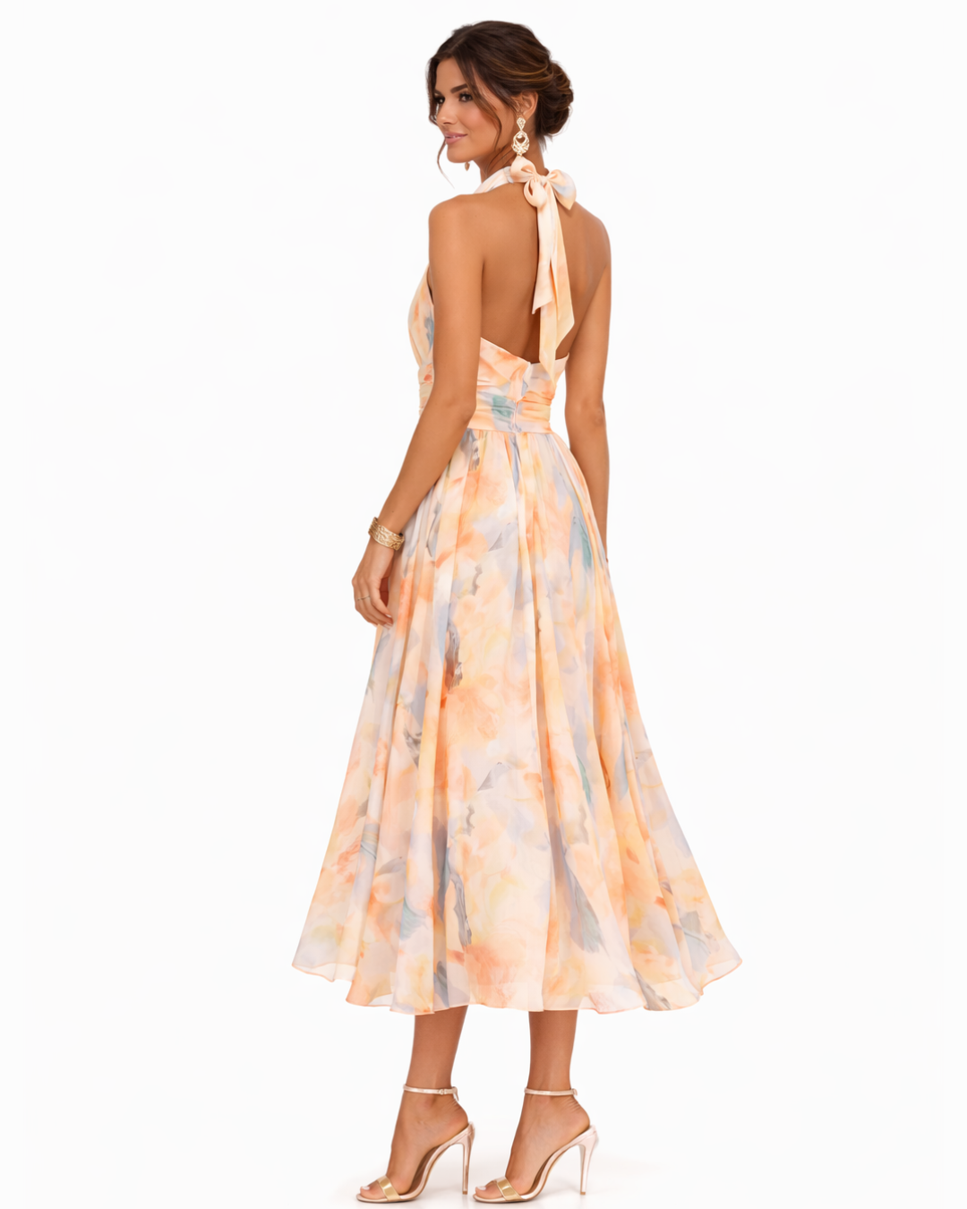 Womens Dress - Elegant Summer Maxi Dress with Watercolor Print & Halter Neck Tie 3