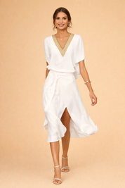 Womens White Midi Dress - Elegant Formal Dresses with Slim V-Neck for Modern Minimalist Style 0