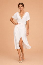 Womens White Midi Dress - Elegant Formal Dresses with Slim V-Neck for Modern Minimalist Style 1